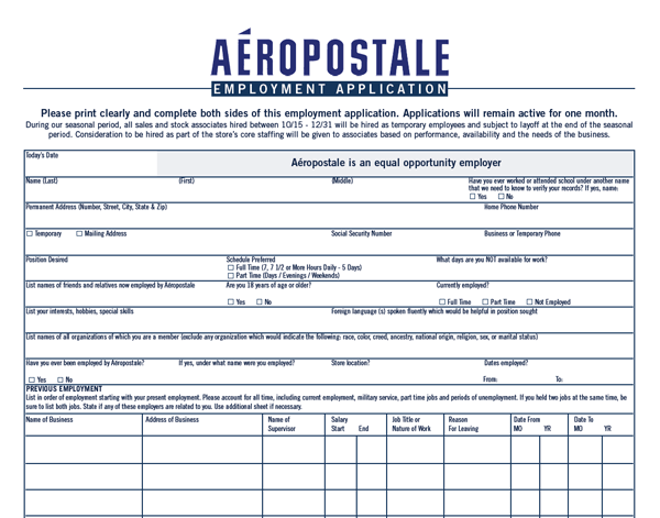 Aeropostale pdf application
