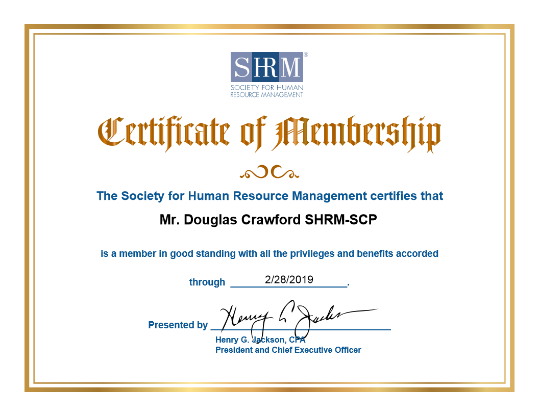 Doug Crawford's SHRM Membership Certificate Picture