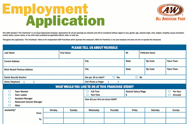 A&W Application PDF - Job-Applications.com