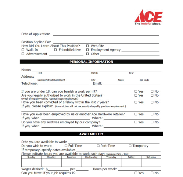 Ace Hardware pdf application