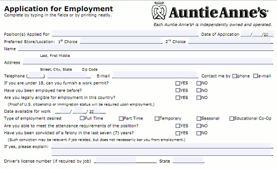 Auntie Anne's pdf application