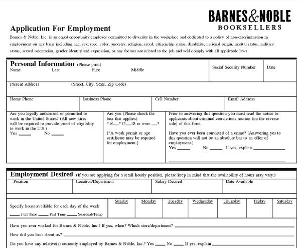 Barnes and Noble Application PDF Print Out