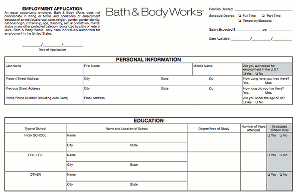 Bath and Body Works pdf application