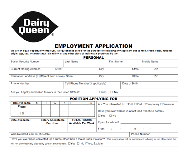 Dairy Queen pdf application