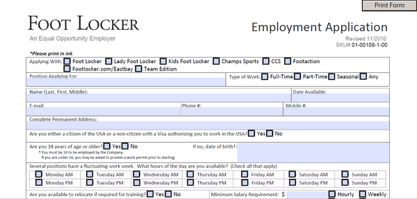 Foot Locker pdf application