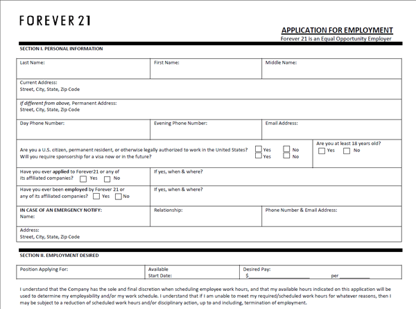 forever 21 application pdf print out