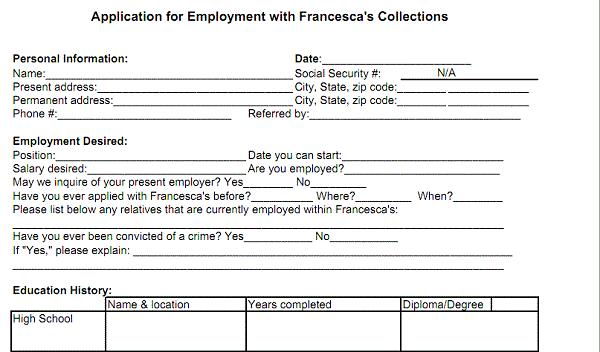 Francesca's Collections pdf application