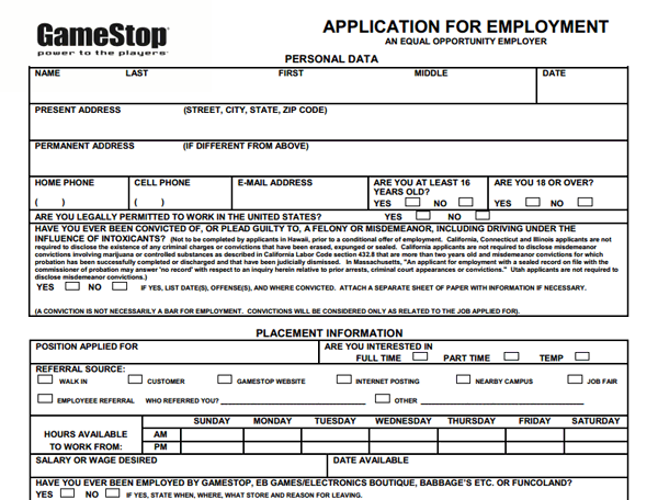 GameStop Application PDF Print Out