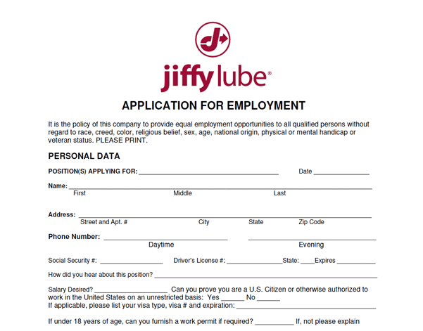 Jiffy Lube pdf application