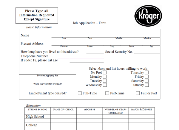 job kroger application form for Print Application PDF Out Kroger