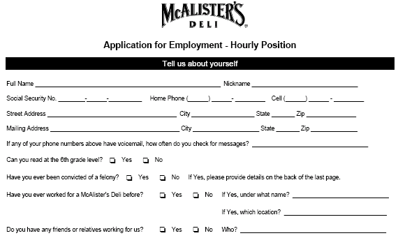 McAlisters Deli pdf application