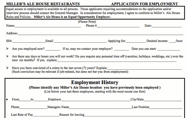 Miller's Ale House pdf application