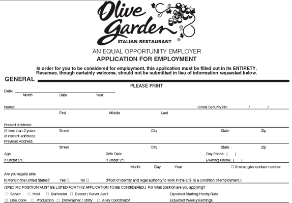 Olive Garden pdf application