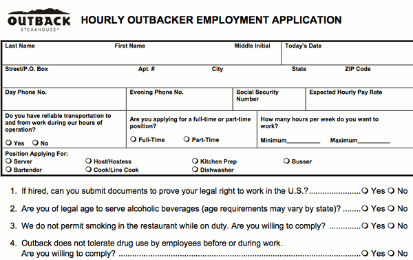 Outback Steakhouse pdf application