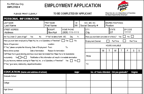 Pizza Hut Printable Application Tutoreorg Master Of Documents 8731