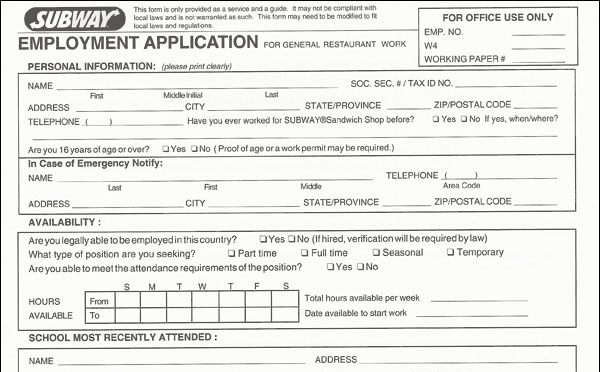 subway application pdf print out