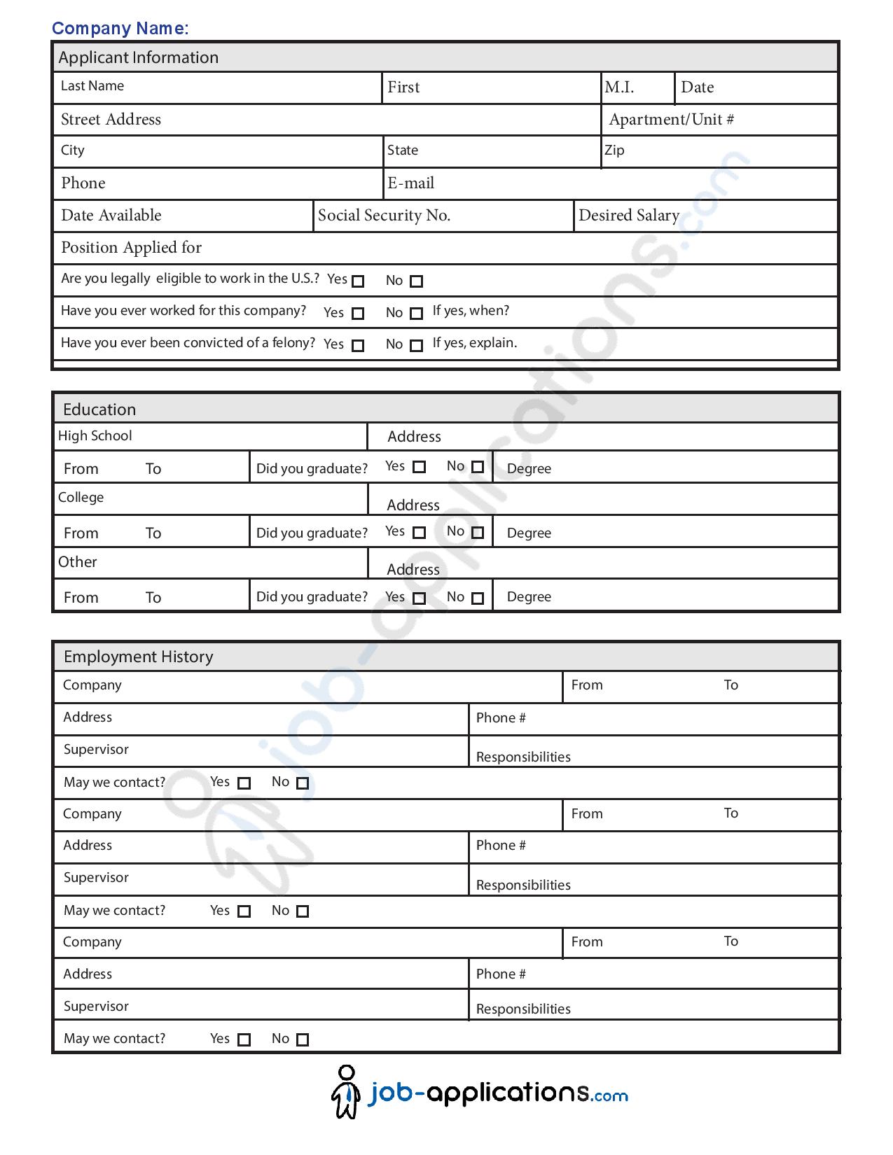 Standard Job Application Form Printable PDF